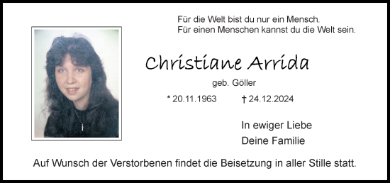 Traueranzeige von Christiane Arrida von Dieburger Anzeiger/Groß-Zimmerner Lokal-Anzeiger