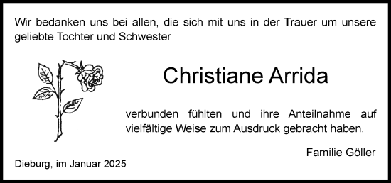 Traueranzeige von Christiane Arrida von Dieburger Anzeiger/Groß-Zimmerner Lokal-Anzeiger