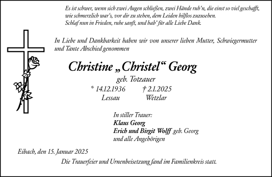 Traueranzeige von Christine Georg von Dill Block