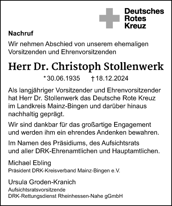 Traueranzeige von Christoph Stollenwerk von Allgemeine Zeitung Mainz