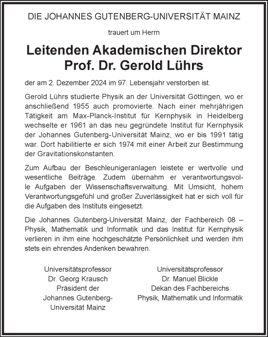 Traueranzeige von Gerold Lührs von Allgemeine Zeitung Mainz
