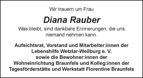 Traueranzeige von Diana Rauber von Weilburger Tageblatt
