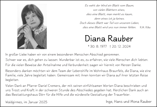 Traueranzeige von Diana Rauber von Wetzlarer Neue Zeitung