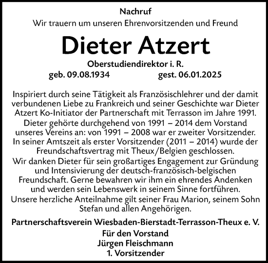 Traueranzeige von Dieter Atzert von Wiesbadener Kurier