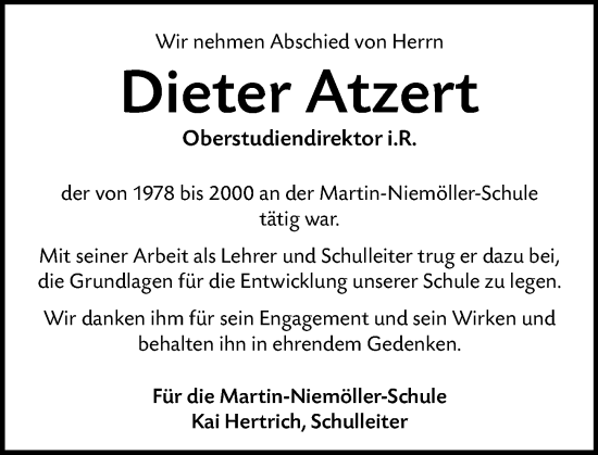 Traueranzeige von Dieter Atzert von Wiesbadener Kurier