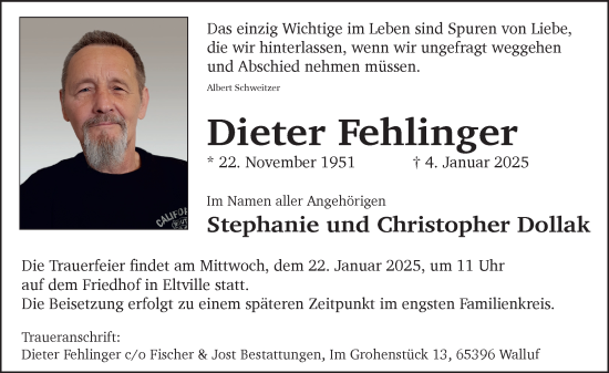 Traueranzeige von Dieter Fehlinger von Rheingau Kurier
