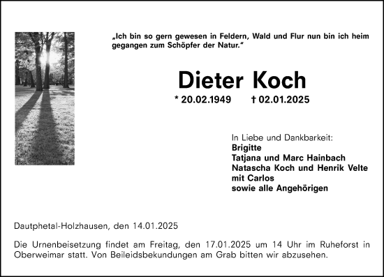 Traueranzeige von Dieter Koch von Hinterländer Anzeiger