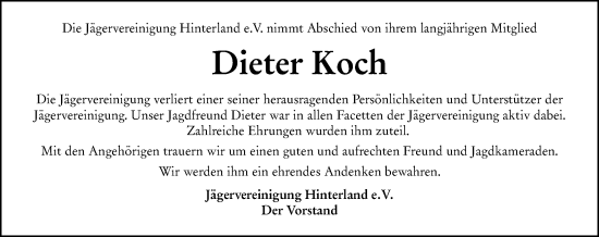 Traueranzeige von Dieter Koch von Hinterländer Anzeiger