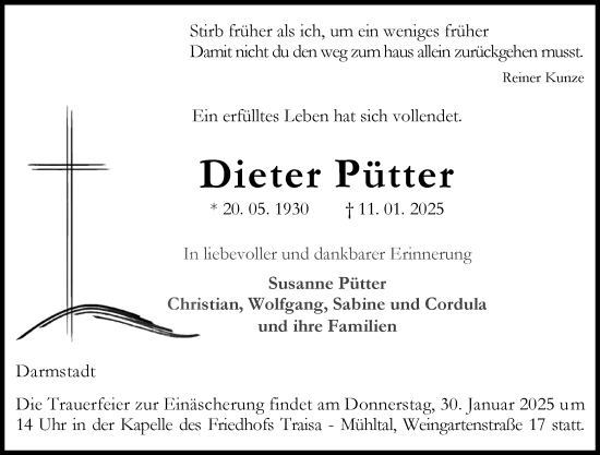 Traueranzeige von Dieter Pütter von Darmstädter Echo