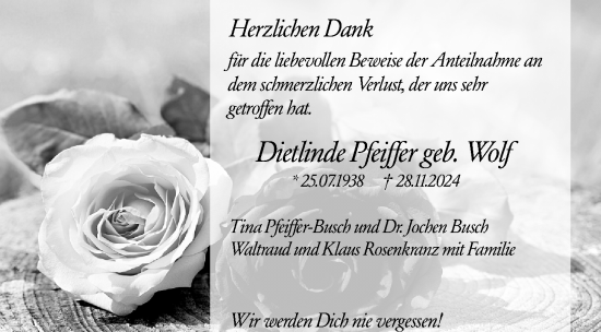 Traueranzeige von Dietlinde Pfeiffer von Weilburger Tageblatt