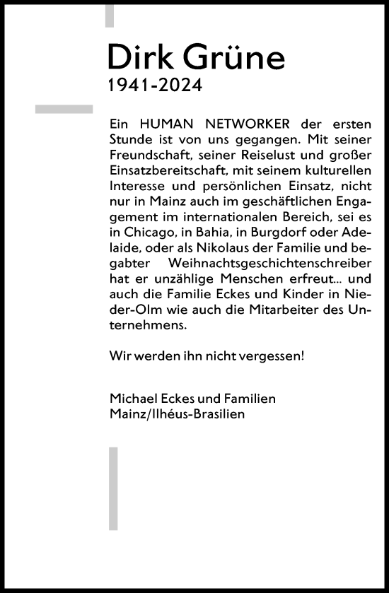 Traueranzeige von Dirk Grüne von Allgemeine Zeitung Mainz
