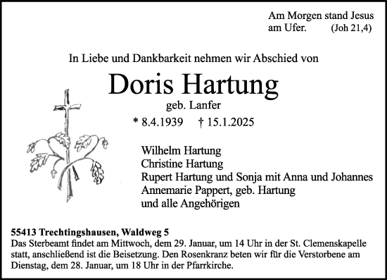 Traueranzeige von Doris Hartung von Allgemeine Zeitung Rheinhessen-Nahe