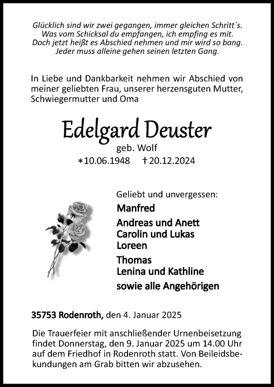 Traueranzeige von Edelgaard Deusster von Dill Block