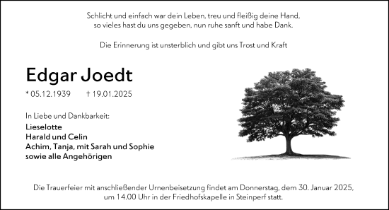 Traueranzeige von Edgar Joedt von Hinterländer Anzeiger
