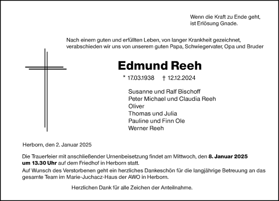 Traueranzeige von Edmund Reeh von Dill Block