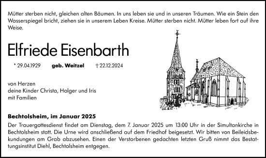 Traueranzeige von Elfriede Eisenbarth von Allgemeine Zeitung Alzey