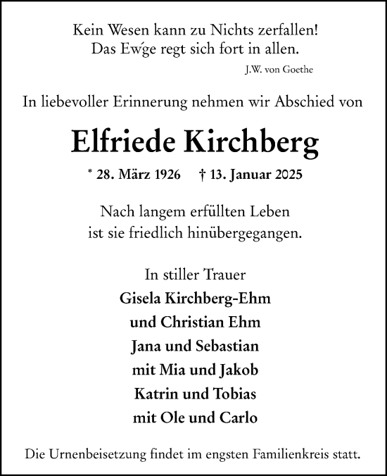 Traueranzeige von Elfriede Kirchberg von Darmstädter Echo