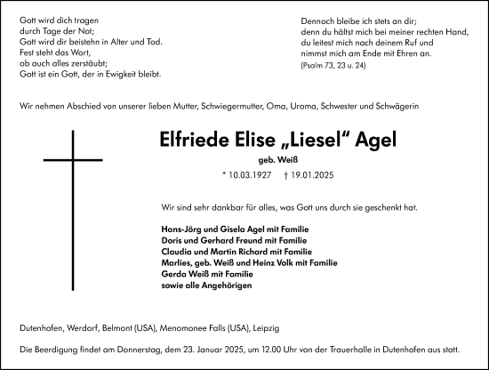 Traueranzeige von Elfriede Elise Agel von Wetzlarer Neue Zeitung