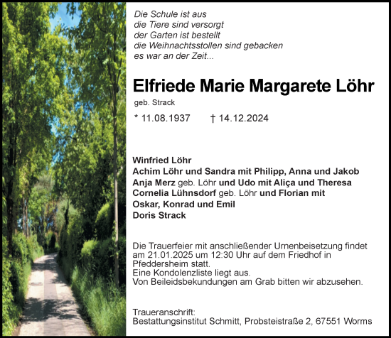 Traueranzeige von Elfriede Marie Margarete Löhr von Wormser Zeitung