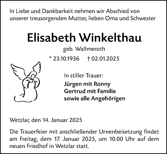 Traueranzeige von Elisabeth Winkelthau von Wetzlarer Neue Zeitung