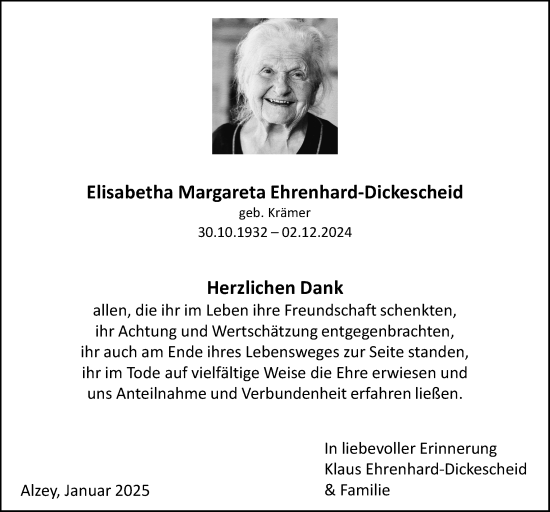 Traueranzeige von Elisabetha Margareta Ehrenhard-Dickescheid von Allgemeine Zeitung Alzey