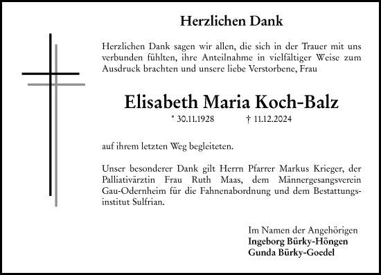 Traueranzeige von Elisabeth Maria Koch-Balz von Allgemeine Zeitung Alzey