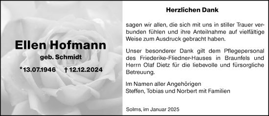 Traueranzeige von Ellen Hofmann von Wetzlarer Neue Zeitung