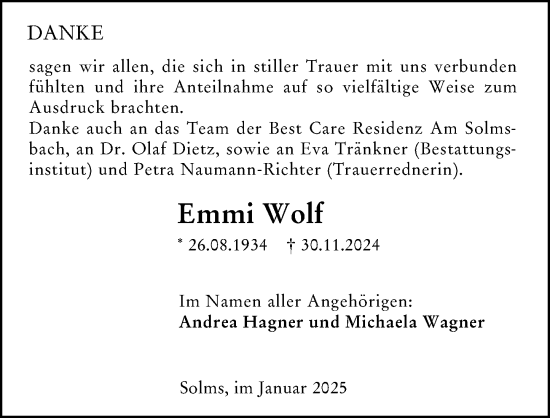 Traueranzeige von Emmi Wolf von Wetzlarer Neue Zeitung