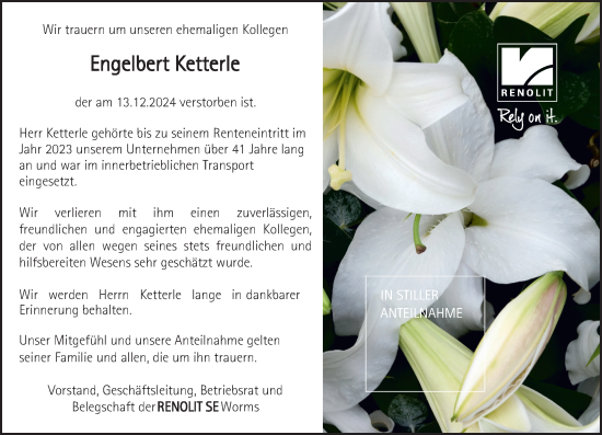Traueranzeige von Engelbert Ketterle von Wormser Zeitung