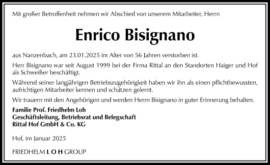 Traueranzeige von Enrico Bisignano von Dill Block