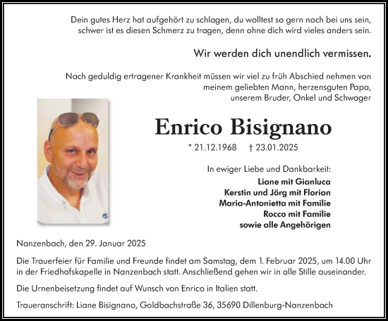 Traueranzeige von Enrico Bisignano von Dill Block