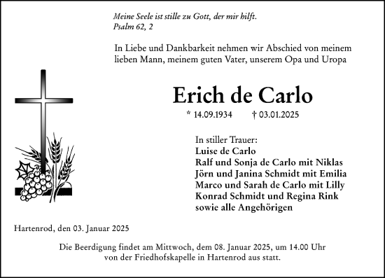 Traueranzeige von Erich de Carlo von Hinterländer Anzeiger