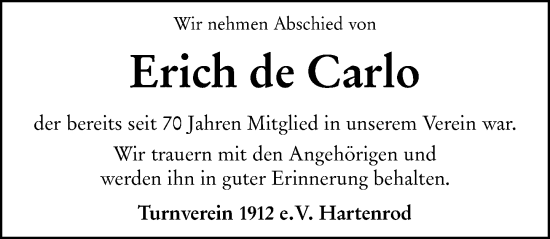 Traueranzeige von Erich de Carlo von Hinterländer Anzeiger