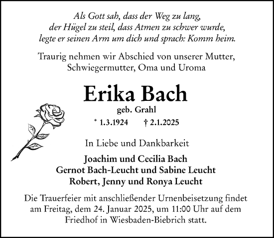 Traueranzeige von Erika Bach von Wiesbadener Kurier