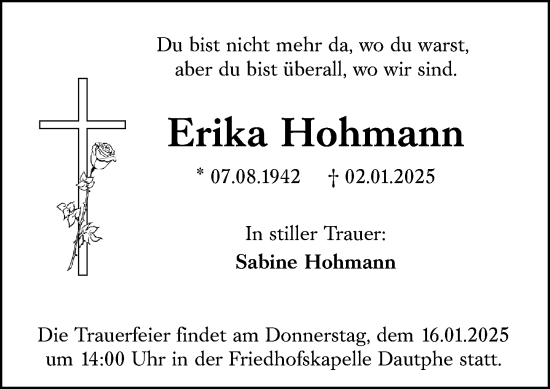 Traueranzeige von Erika Hohmann von Hinterländer Anzeiger