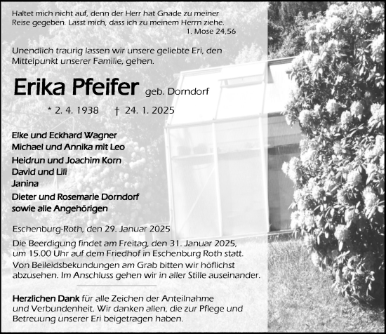 Traueranzeige von Erika Pfeifer von Hinterländer Anzeiger