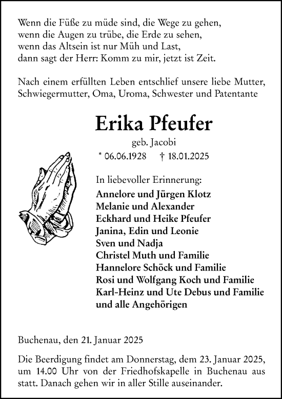 Traueranzeige von Erika Pfeufer von Hinterländer Anzeiger