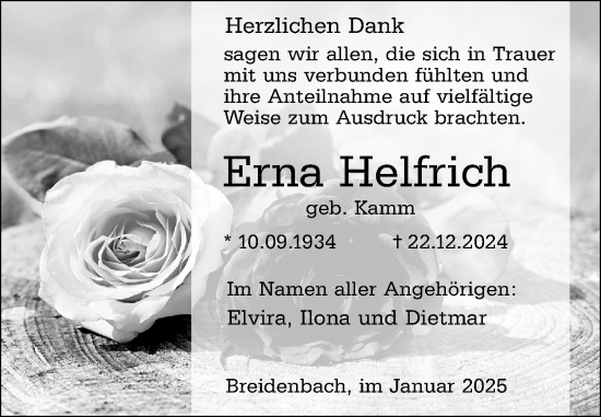 Traueranzeige von Erna Helfrich von Hinterländer Anzeiger