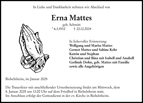 Traueranzeige von Erna Mattes von Allgemeine Zeitung Alzey
