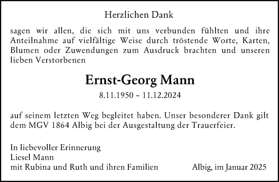 Traueranzeige von Ernst-Georg Mann von Allgemeine Zeitung Alzey