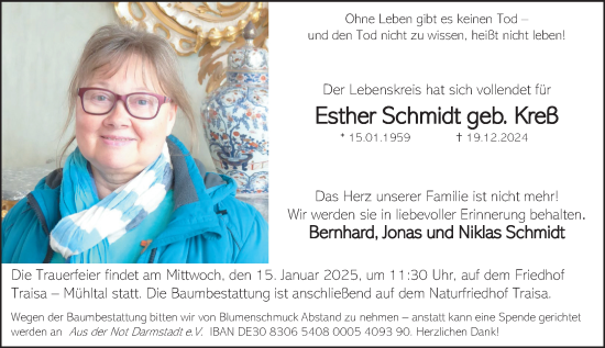 Traueranzeige von Esther Schmidt von Darmstädter Echo