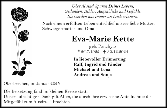 Traueranzeige von Eva-Marie Kette von Camberger Anzeiger Traueranzeige von Eva-Marie Kette von Camberger Anzeiger