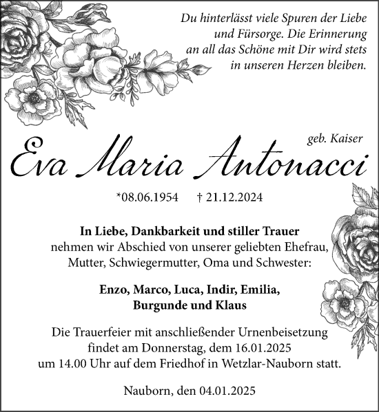 Traueranzeige von Eva Maria Antonacci von Wetzlarer Neue Zeitung
