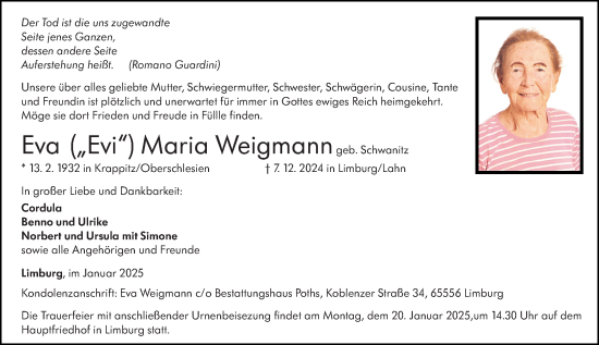 Traueranzeige von Eva Maria Weigmann von Nassauische Neue Presse