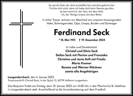 Traueranzeige von Ferdinand Seck von Nassauische Neue Presse