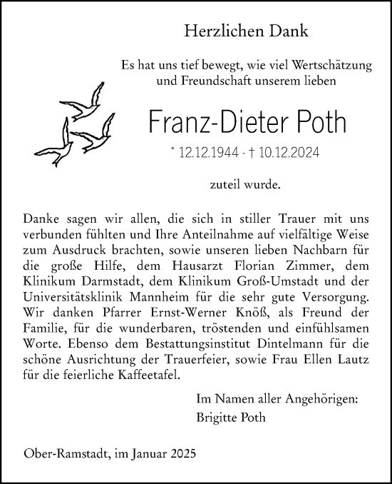 Traueranzeige von Franz-Dieter Poth von Darmstädter Echo
