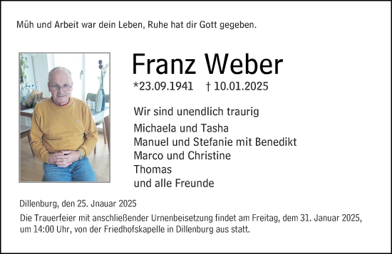 Traueranzeige von Franz Weber von Dill Block