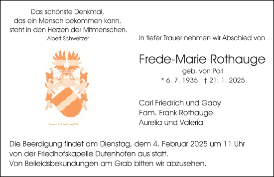 Traueranzeige von Frede-Marie Rothauge von Wetzlarer Neue Zeitung