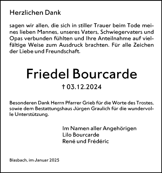 Traueranzeige von Friedel Bourcarde von Wetzlarer Neue Zeitung