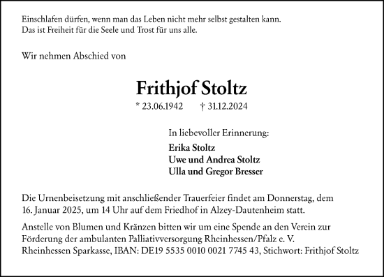 Traueranzeige von Frithjof Stoltz von Allgemeine Zeitung Alzey